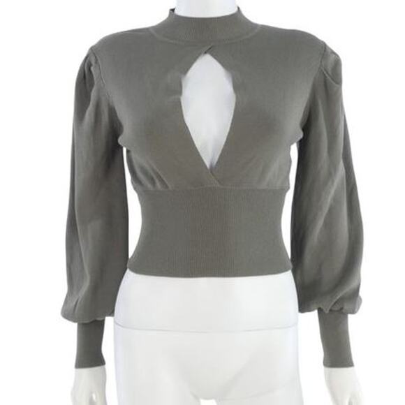 Zara Womens Small Sweater Top Crop Gray Green Keyhole Puff Sleeves Mock Neck - Picture 1 of 10